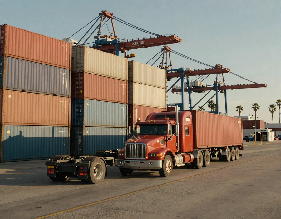 Long Beach port terminal with shipping containers and a drayage day-cab truck, illustrating Los Angeles trucker dating context