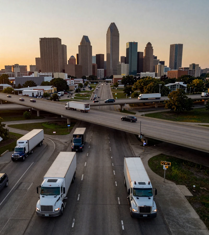 Dallas Texas freeway interchange with semi-trucks merging onto I-35 at golden hour, a key corridor for Texas trucker dating