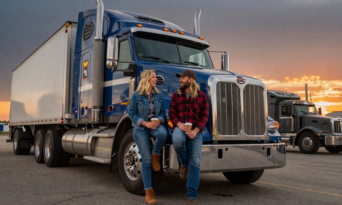 Married trucker couple laughing together at a Nebraska I-80 truck stop showing real long-term CDL marriage