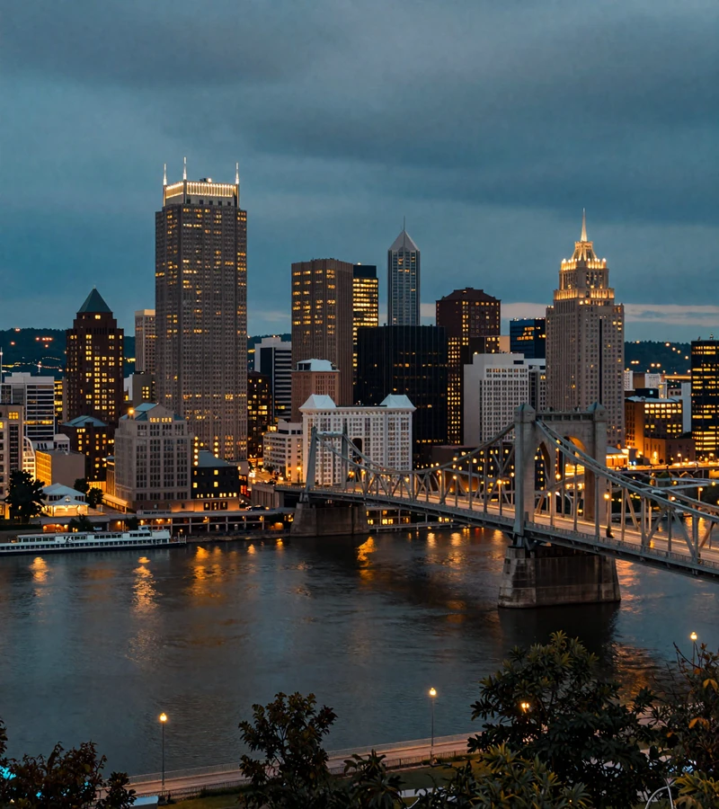 Pittsburgh skyline at dusk from Mount Washington representing Pennsylvania trucker dating community on HighwaySoul