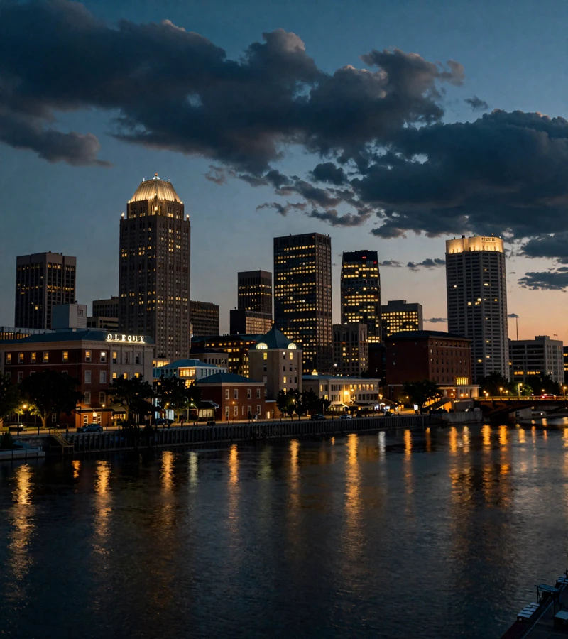 Columbus Ohio skyline at dusk along the Scioto River for trucker dating Ohio Crossroads of America
