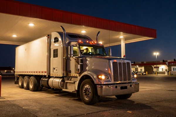 Trucker in lit sleeper cab at a remote night truck stop checking phone for messages