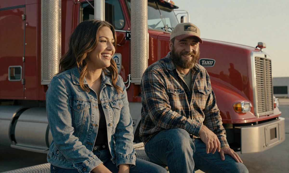 Woman in denim jacket and bearded trucker laughing together by red Peterbilt cab showing real blue collar dating connection
