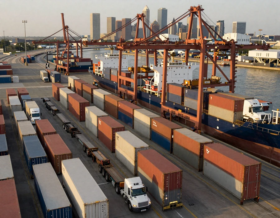 Aerial view of Port of Houston container terminal with semi-trucks and Houston skyline, showing the freight scale that supports trucker dating in Houston