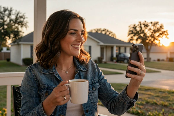 Woman on porch having a video call with her trucker partner during golden hour