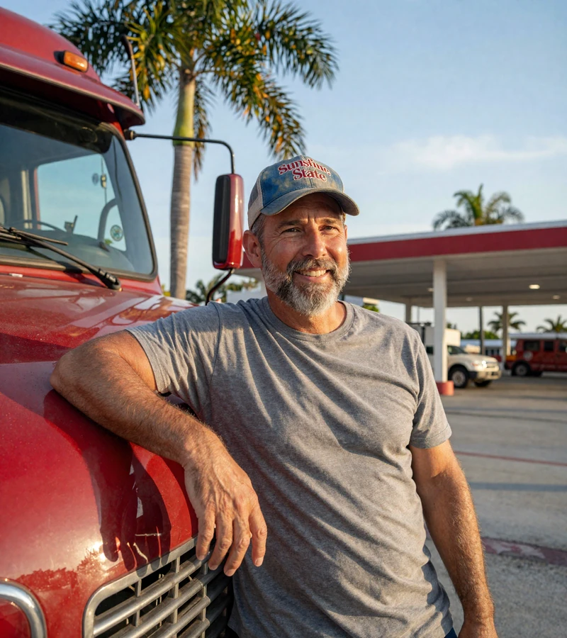 Friendly Florida CDL driver leaning against red Peterbilt at sunset truck stop with palm trees for trucker dating Florida