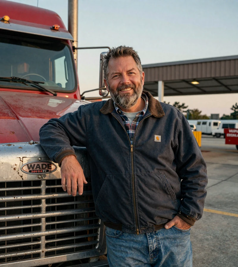 Wyoming owner-operator at a windswept I-80 truck stop near Cheyenne for Wyoming trucker dating