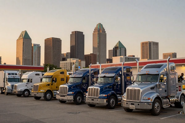 Dallas skyline at dusk from a truck stop full of parked rigs near I-20 and I-35