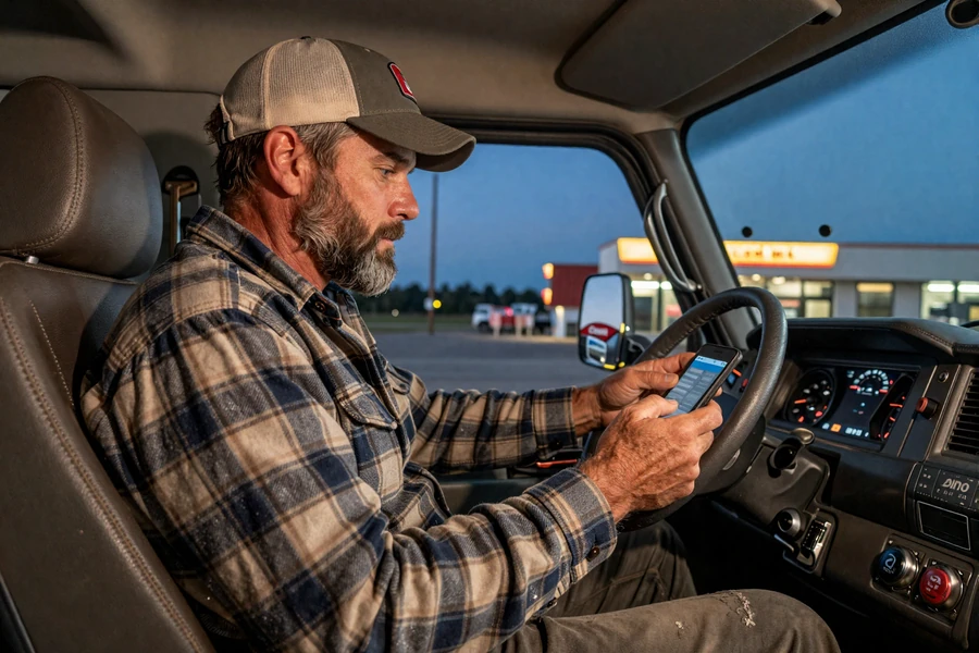 OTR truck driver using HighwaySoul dating app from his sleeper cab at a night truck stop