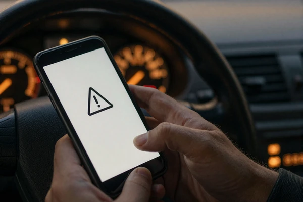 Truck driver checking a romance scam warning alert on his phone inside the cab