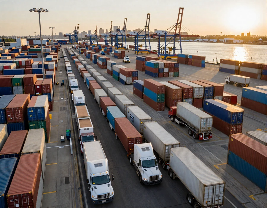 Aerial view of Port Newark container terminal with semi-trucks queued at the gate, illustrating New York metro trucker dating and drayage routes