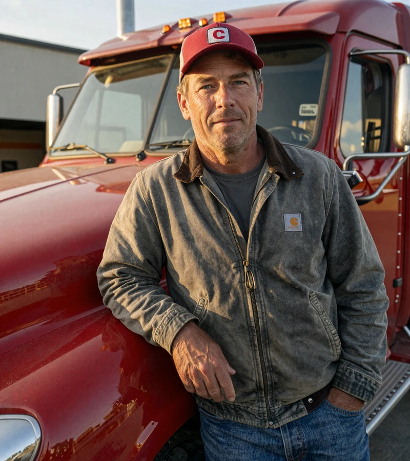 Nebraska owner-operator leaning on his Peterbilt at the Omaha Werner yard for Nebraska trucker dating