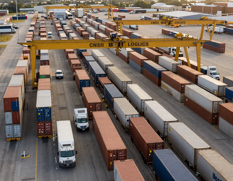BNSF Joliet intermodal yard with semi-trucks and stacked containers, illustrating Chicago trucker dating and freight infrastructure