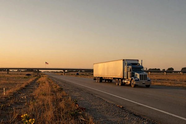 I-10 Texas highway at golden hour with a long-haul truck on the trucker dating route map