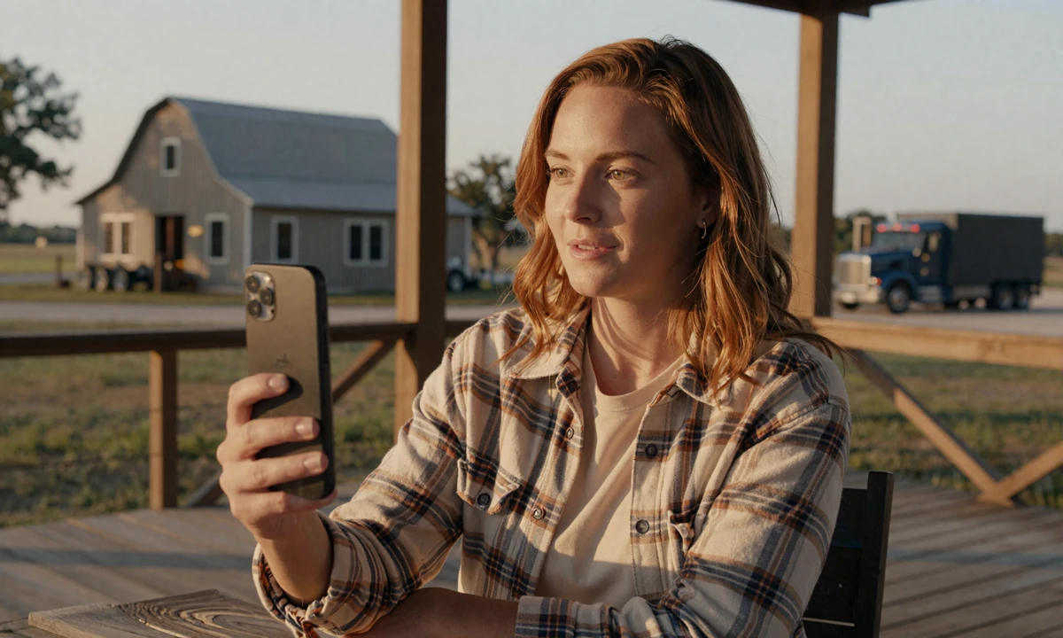 Woman on a Texas porch on a FaceTime call with her OTR trucker partner at golden hour