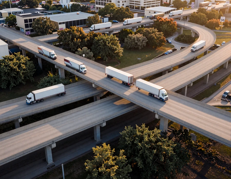 Dallas High Five interchange showing semi-trucks on stacked I-20 and I-35 corridors at golden hour, illustrating trucker dating Dallas geography