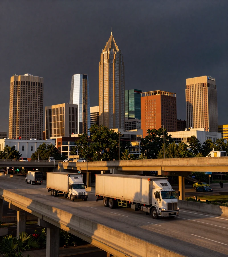 Atlanta Georgia downtown skyline at sunset with freight trucks rolling on I-75 for trucker dating Georgia