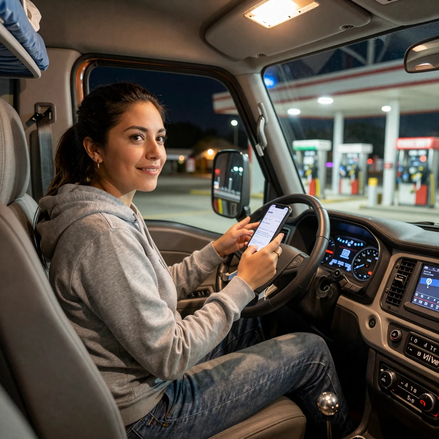 Female OTR driver checking HighwaySoul on her phone during a 10-hour break in her sleeper cab