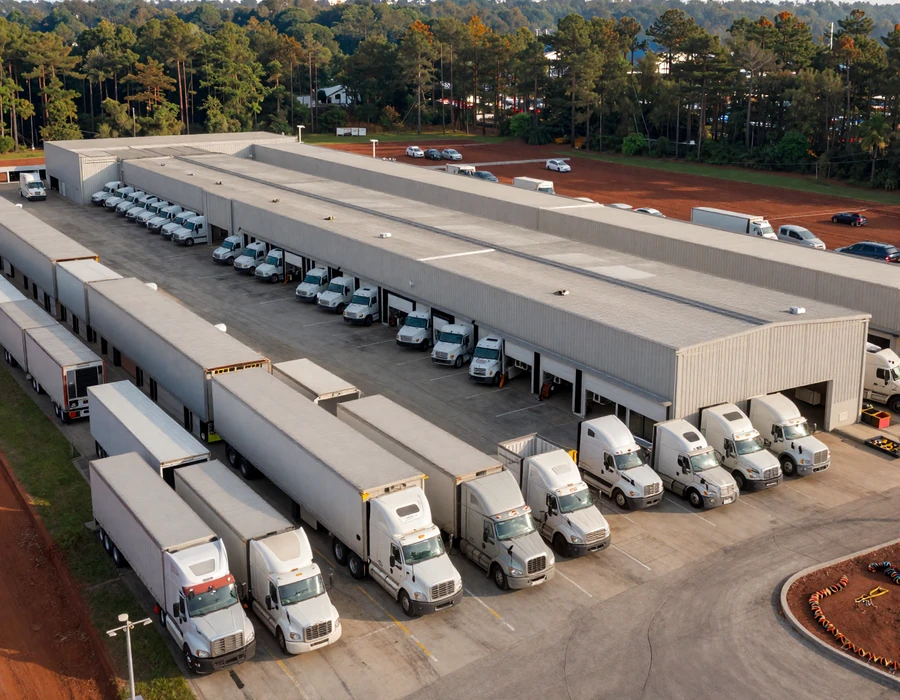 Atlanta distribution warehouse complex with semi-trucks at loading docks, illustrating Atlanta trucker dating and southeast logistics