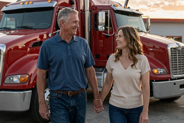Married couple holding hands beside a red Kenworth truck at a sunset rest stop