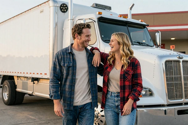 Trucker couple laughing together outside a Peterbilt at a Texas truck stop diner